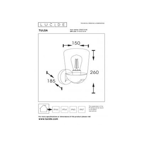 Lucide TULSA Wandlamp Buiten-Zwart-1xE27-40W-IP44-Glas