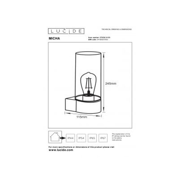 Lucide MICHA Wandlamp Buiten-Zwart-1xE27-40W-IP44-Glas