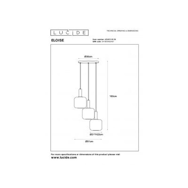 Lucide ELOISE Hanglamp-Zwart-Ø40-3xE27-40W-Glas