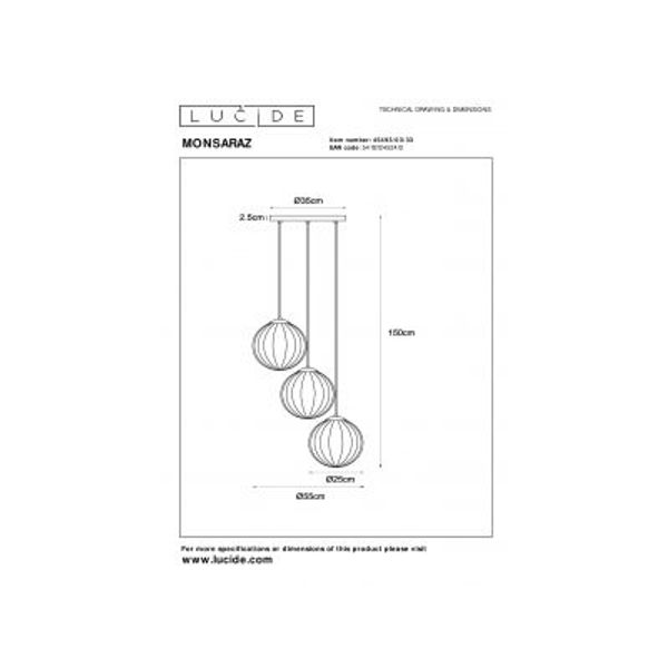 Lucide MONSARAZ Hanglamp-Groen-Ø35-3xE27-40W-Glas