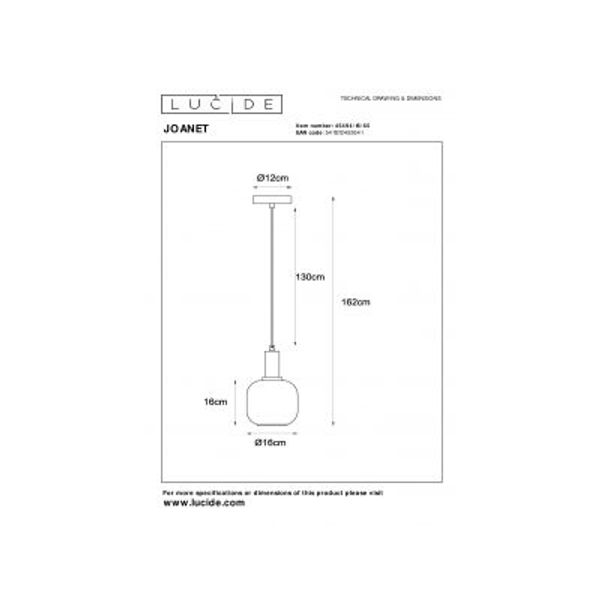 Lucide JOANET Hanglamp-Fumé-Ø16-1xE27-40W-Glas