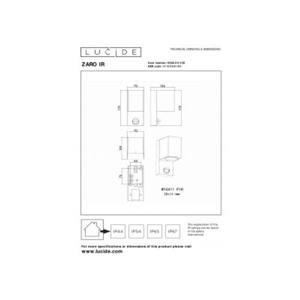 Lucide ZARO IR Wandspot Buiten-Zwart-1xGU10-7W-IP65