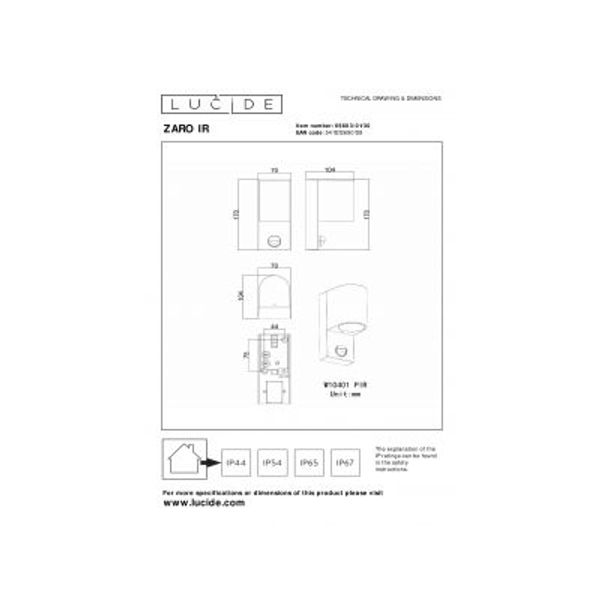 Lucide ZARO IR Wandspot Buiten-Zwart-1xGU10-7W-IP65