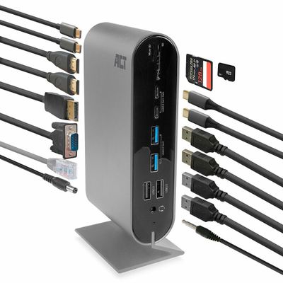 USB-C dockingstation 2 monitoren, HDMI, DisplayPort, VGA met USB-hub, Ethernet, kaartlezer en audio  Act