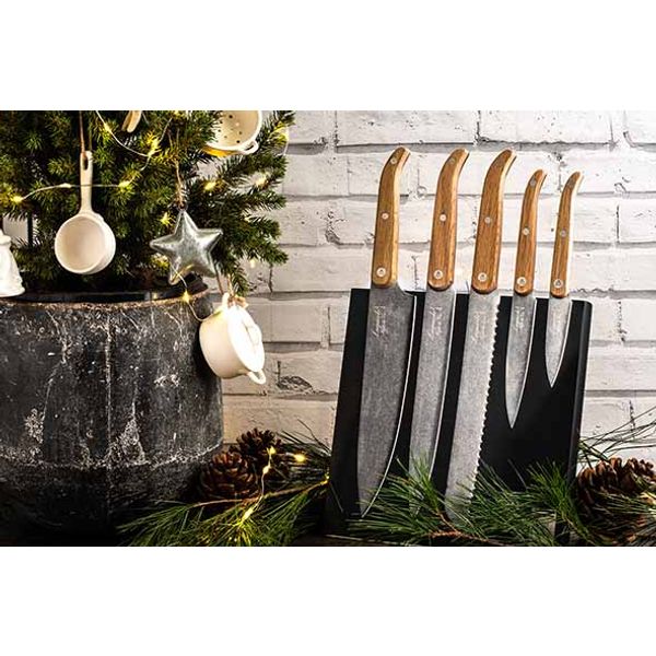 Style de Vie Innovation Line Messenset 5pcs Oak Stonewash Met Magnetisch Messenblok