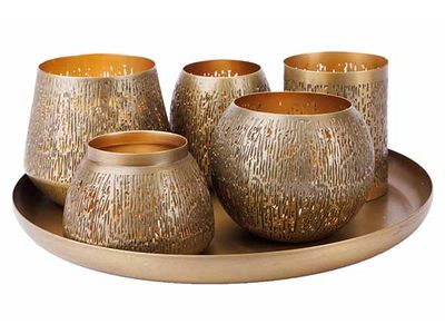 Giftset Tlightholders And Plate 6dlg Bra Ss Goud 30x30xh10cm Metaal