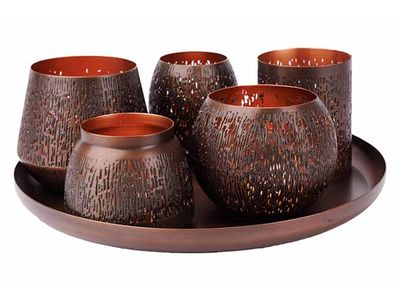 Giftset Tlightholders And Plate 6dlg Ant Ique Koper 30x30xh10cm Metaal