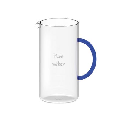 Pichet en verre borosilicate. Contenance 1,3 L. Poignée bleue et inscription Pure water.  WD Lifestyle